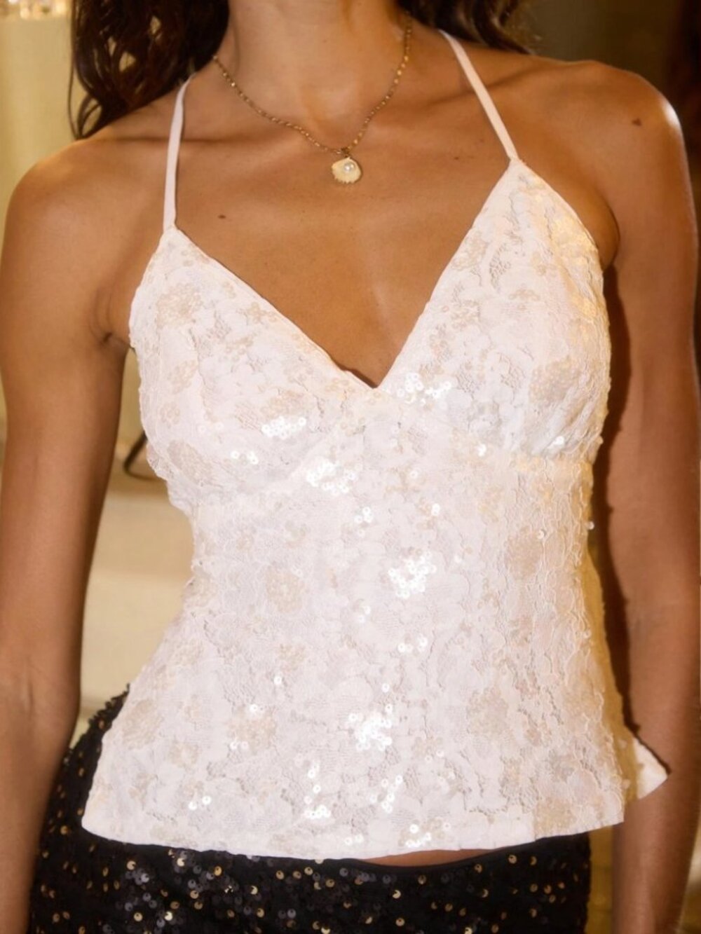 Ivory Sequin Lace Cami Top - V-Neck Sparkle Camisole